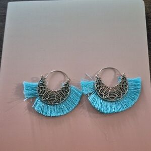 Elegant Silver and Blue Tassel Hoop Earrings
